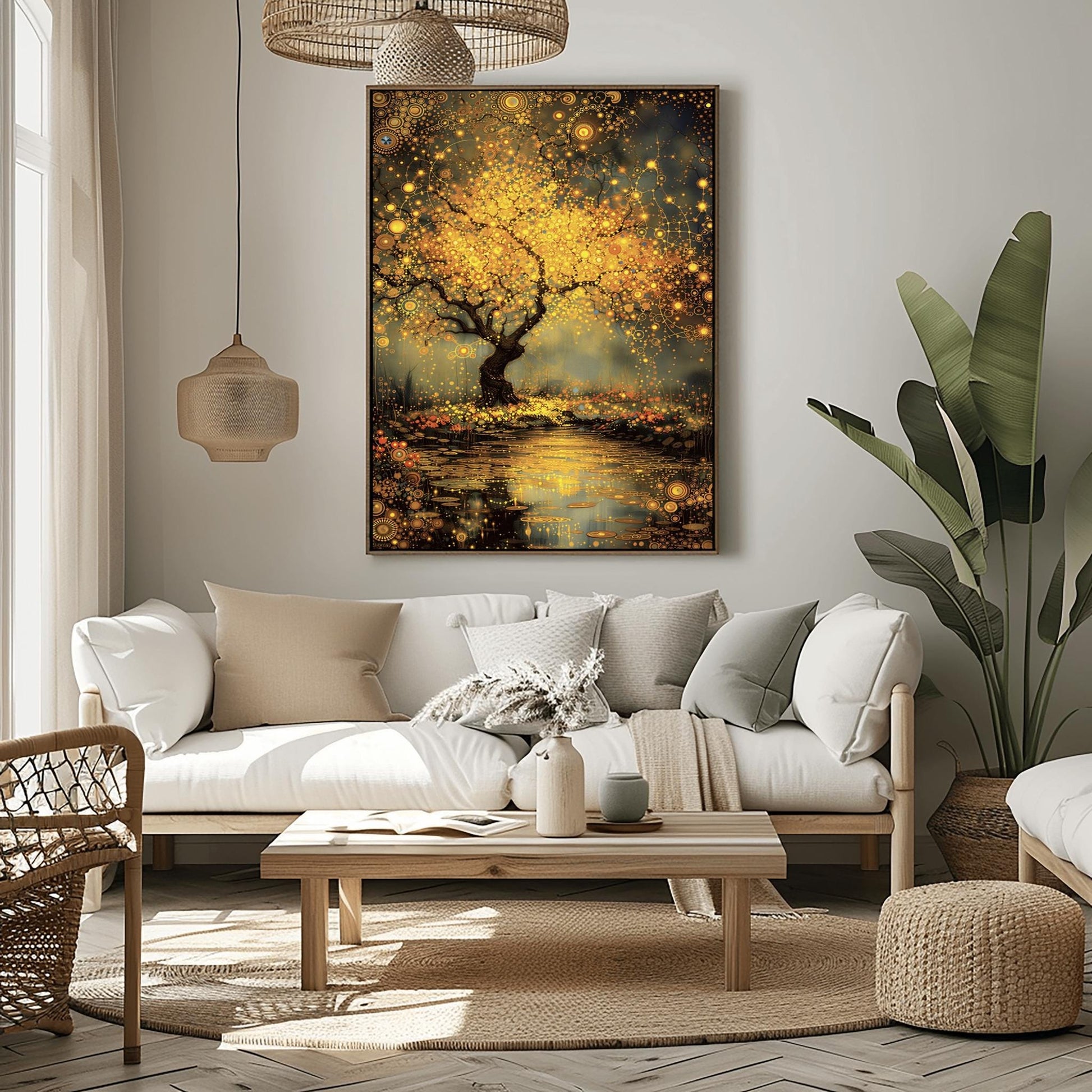 A vertical, highly detailed painting in the style of Gustav Klimt. A large tree with a dark, twisted trunk stands beside a dark pond. The tree's branches are a dense explosion of golden circular patterns, spirals, and mosaic-like flowers. The pond below reflects the golden light and is dotted with glowing lily pads. The background is a moody, textured grey-green. The entire scene is rich with golden textures and intricate geometric details.