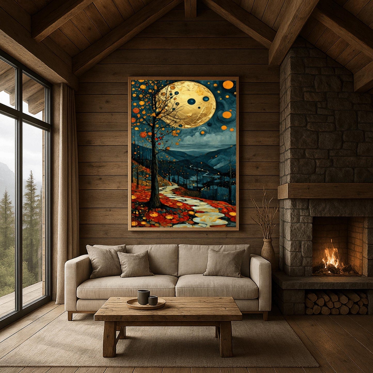 A vertical fine art painting in the style of Gustav Klimt. A massive, textured golden moon hangs in a dark, starlit sky above rolling teal mountains. A white, winding stone path leads through a foreground of orange and red autumn leaves. On the left, a slender tree is decorated with golden mosaic orbs. The overall style is rich in texture and golden ornamentation.
