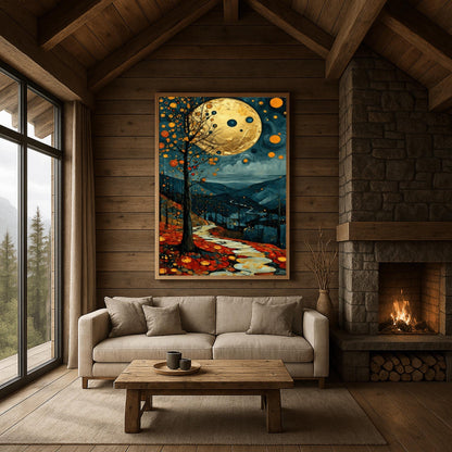 A vertical fine art painting in the style of Gustav Klimt. A massive, textured golden moon hangs in a dark, starlit sky above rolling teal mountains. A white, winding stone path leads through a foreground of orange and red autumn leaves. On the left, a slender tree is decorated with golden mosaic orbs. The overall style is rich in texture and golden ornamentation.