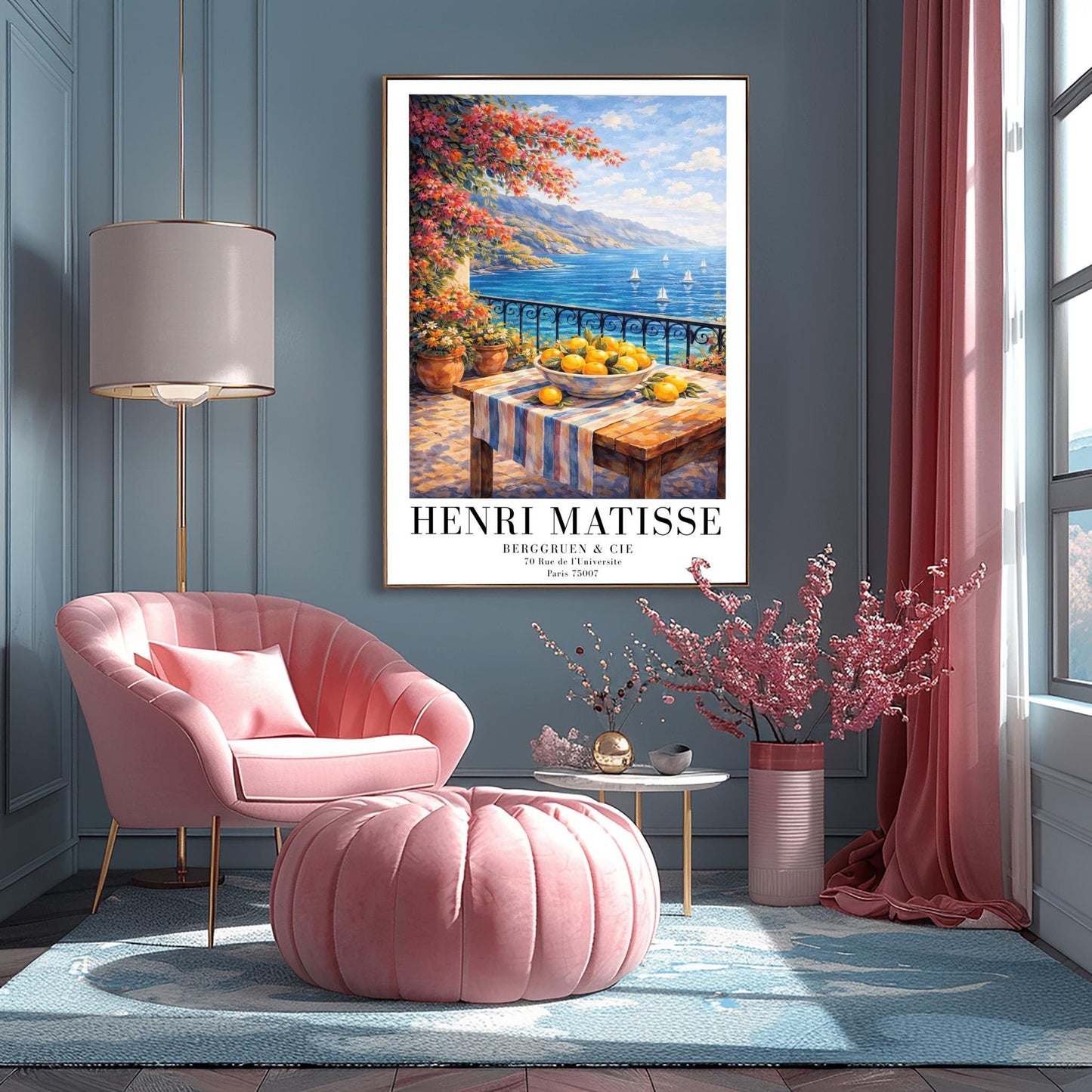 A vertical painterly illustration of a stone terrace with a black iron railing. A pink bougainvillea tree hangs from the top left over a wooden table with a bowl of oranges and lemons. Beyond the railing is a blue sea with white sailboats and a distant mountainous coastline.