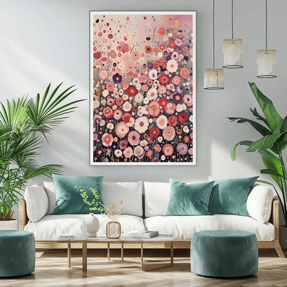 a living room with a large floral painting hanging on the wall above a white sofa with green throw pillows. The sofa is positioned in front of a coffee table, which has a vase of flowers on it. The room also includes a potted plant and a hanging light fixture, creating a cozy and inviting atmosphere.