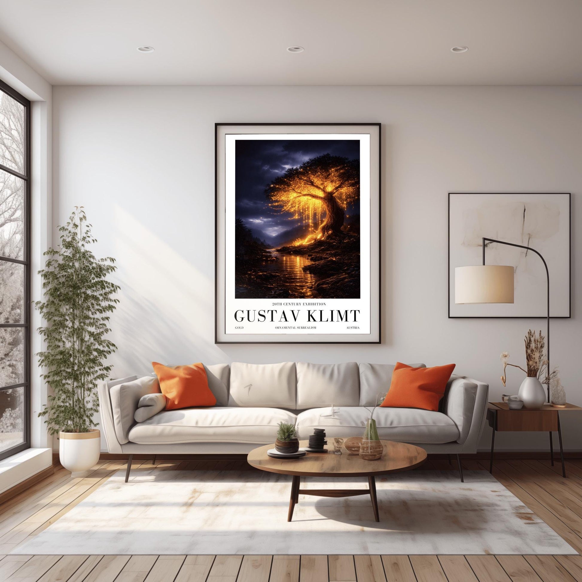 A vertical full-bleed illustration of a large weeping willow tree glowing with golden light in a stormy mountain valley. The tree stands by a dark river reflecting its gold light. The background features dark, rainy mountains and a moody indigo sky in the style of Gustav Klimt.