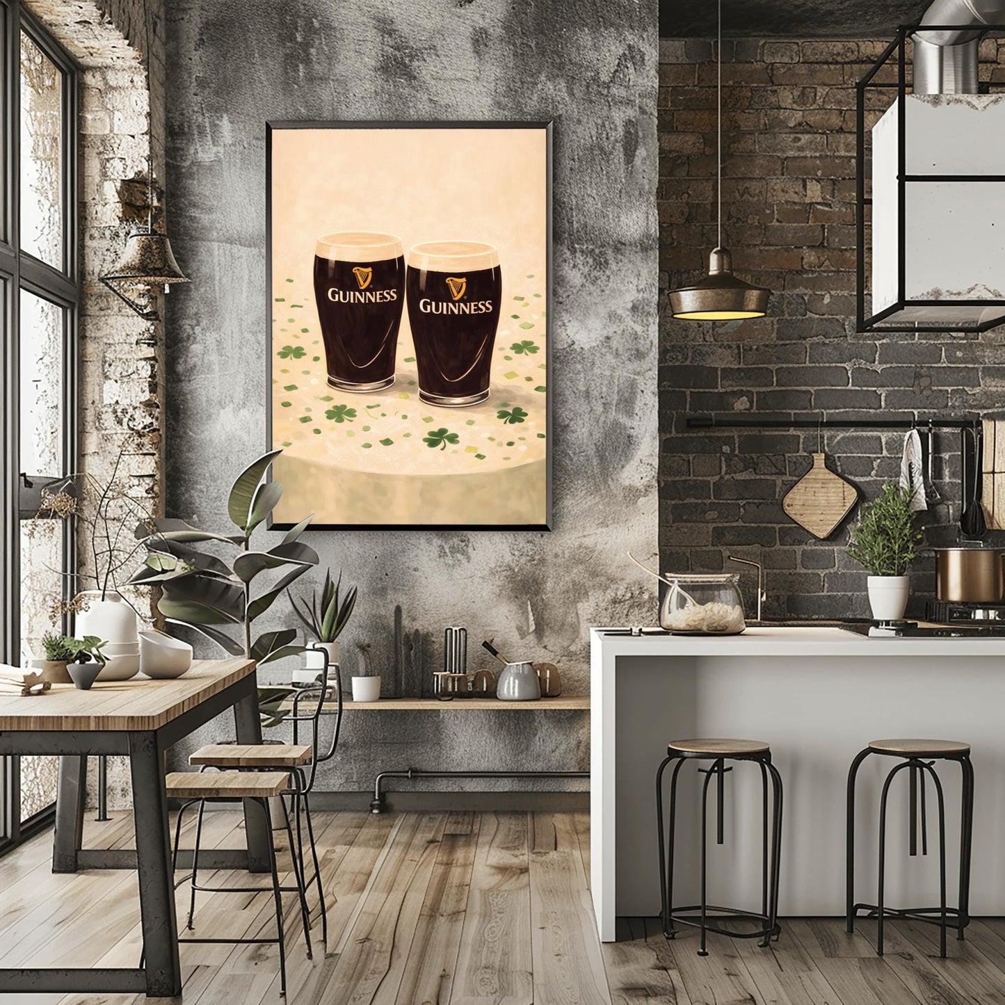 A vertical illustration of two pints of Guinness stout sitting side-by-side on a light cream surface. Green shamrocks and confetti are scattered around the base of the glasses. The pints feature the golden harp logo. The overall style is painterly and warm.