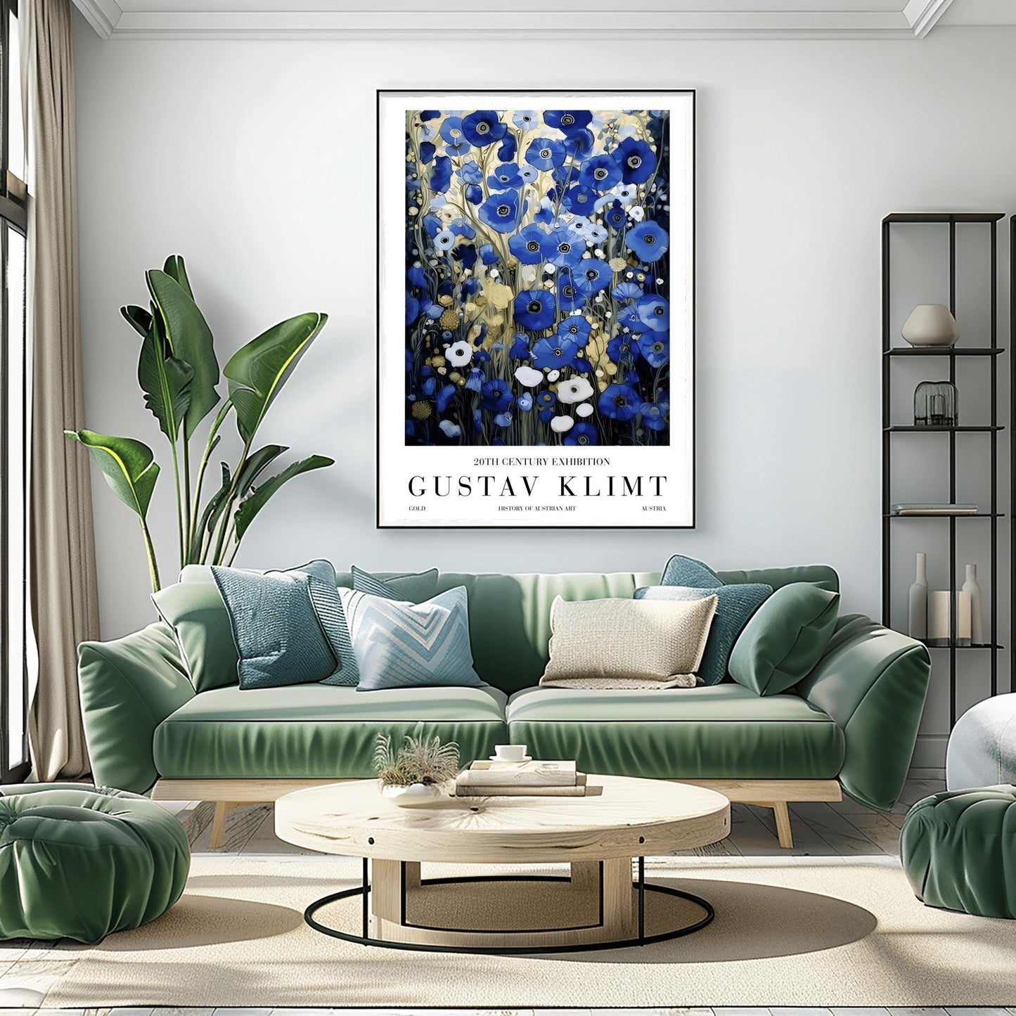 A vertical, highly detailed oil painting in the style of Gustav Klimt. The image is filled with a dense field of blue poppies in shades of cobalt, navy, and light blue. The flowers have dark centers and are surrounded by abstract cream and amber foliage. The brushwork is thick and textured, giving the appearance of a rich mosaic tapestry of flowers.