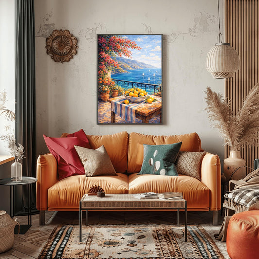 A vertical painterly illustration of a stone terrace with a black iron railing. A pink bougainvillea tree hangs from the top left over a wooden table with a bowl of oranges and lemons. Beyond the railing is a blue sea with white sailboats and a distant mountainous coastline.