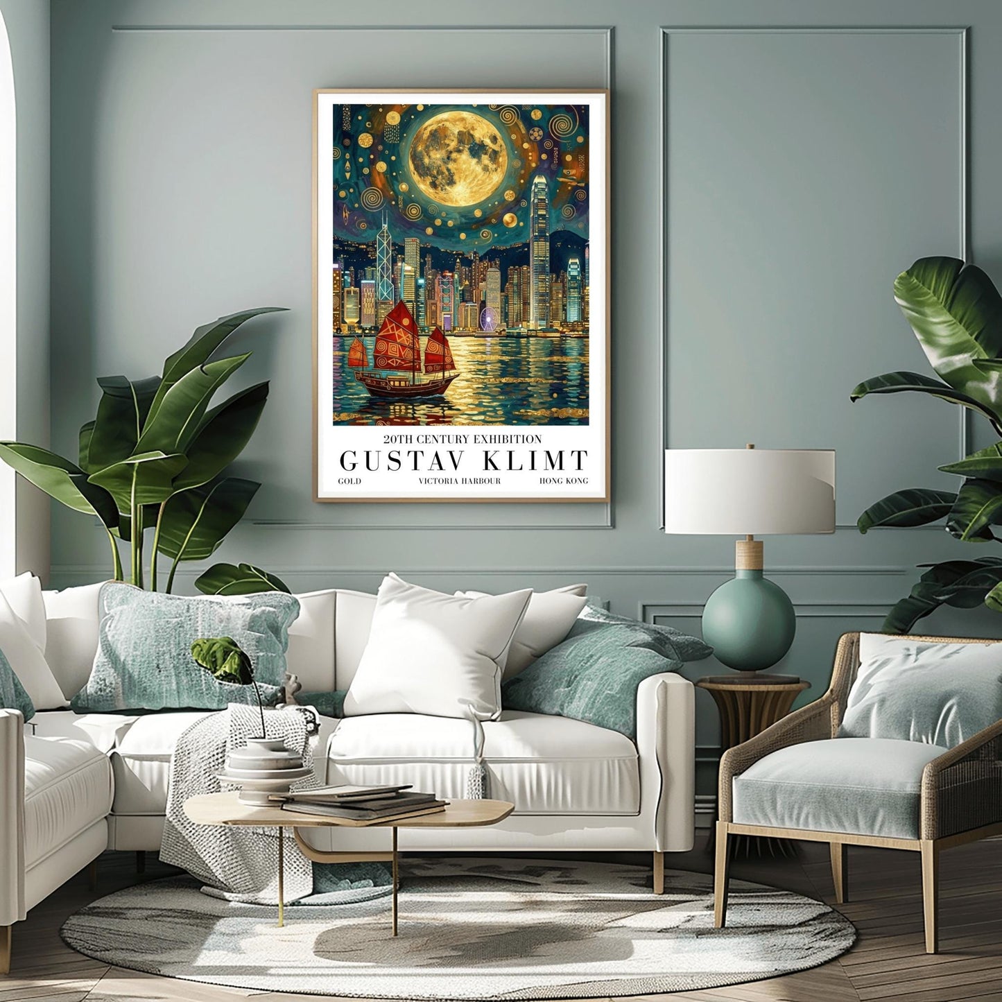 A vertical museum exhibition poster in the style of Gustav Klimt. A traditional red junk boat with golden patterns sails in front of the Hong Kong skyline at night. A massive golden moon with mosaic patterns fills the top of the sky. Bold black text at the bottom reads "GUSTAV KLIMT" and "VICTORIA HARBOUR."