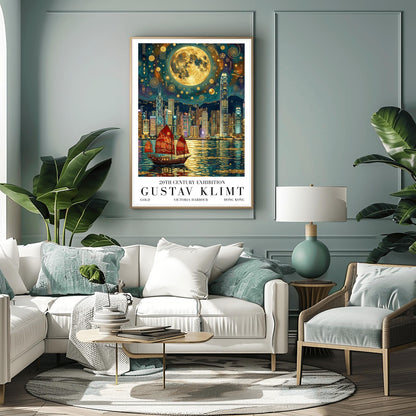 A vertical museum exhibition poster in the style of Gustav Klimt. A traditional red junk boat with golden patterns sails in front of the Hong Kong skyline at night. A massive golden moon with mosaic patterns fills the top of the sky. Bold black text at the bottom reads "GUSTAV KLIMT" and "VICTORIA HARBOUR."