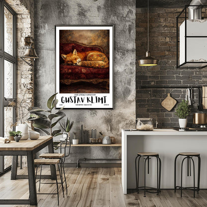 A vertical exhibition poster for Gustav Klimt featuring a red fox sleeping on a dark crimson velvet antique sofa. The fox's haunches are covered in golden mosaic flowers and jewels. Bold text at the bottom reads "GUSTAV KLIMT" and "Ornamental Surrealism."
