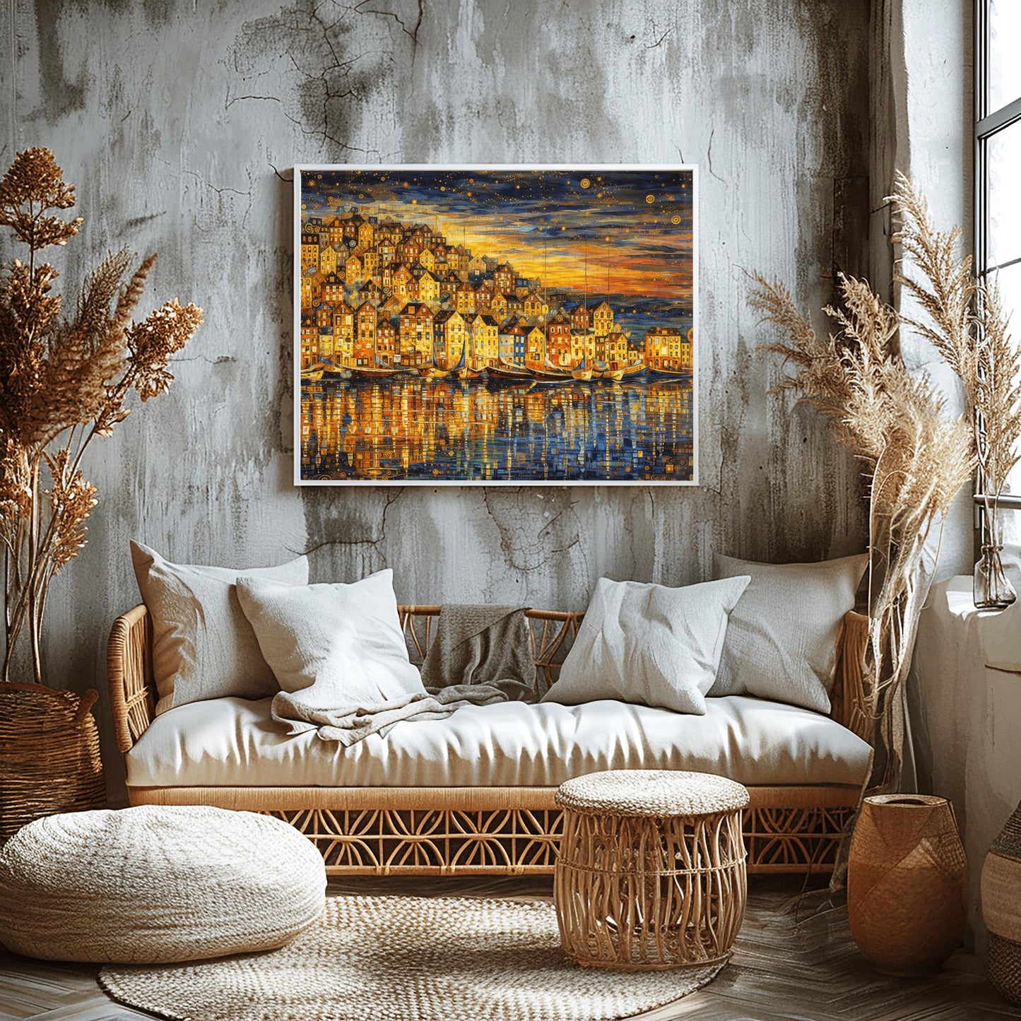 A horizontal landscape art print in the style of Gustav Klimt, depicting a coastal village at dusk. A dense cluster of golden, mosaic-patterned houses sits on a hill overlooking a harbor. Several traditional wooden sailboats are anchored in the water, which reflects the warm gold light of the buildings. The sky above is a dark indigo filled with golden swirling patterns and stylized stars. The overall composition is rich with gold leaf textures and intricate decorative details.
