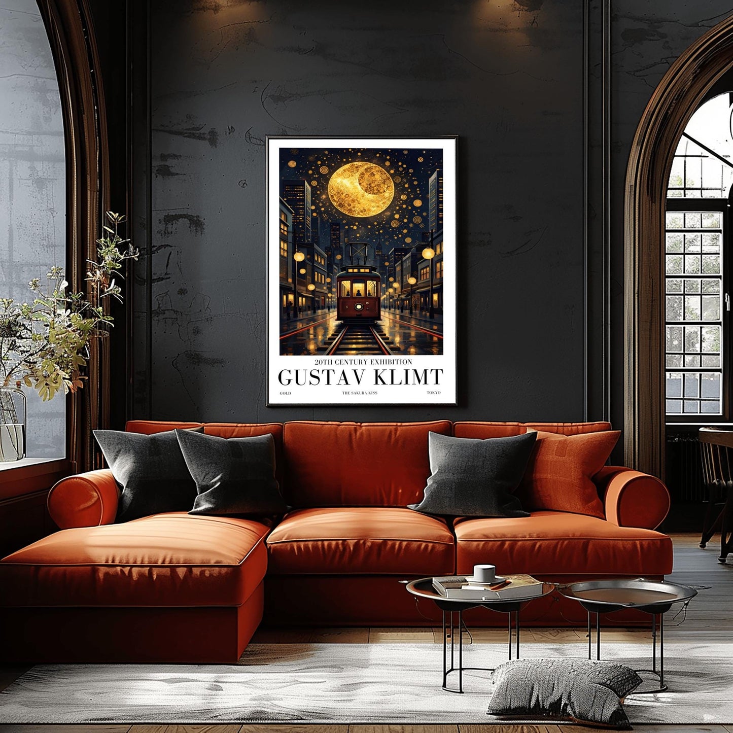 A vertical museum exhibition poster in the style of Gustav Klimt. A vintage-style red and brown streetcar sits on tracks in a Tokyo street at night, flanked by modern buildings. A massive golden moon with mosaic patterns fills the top of a dark sky crowded with golden spirals. Bold black text at the bottom reads "GUSTAV KLIMT" and "THE SAKURA KISS."