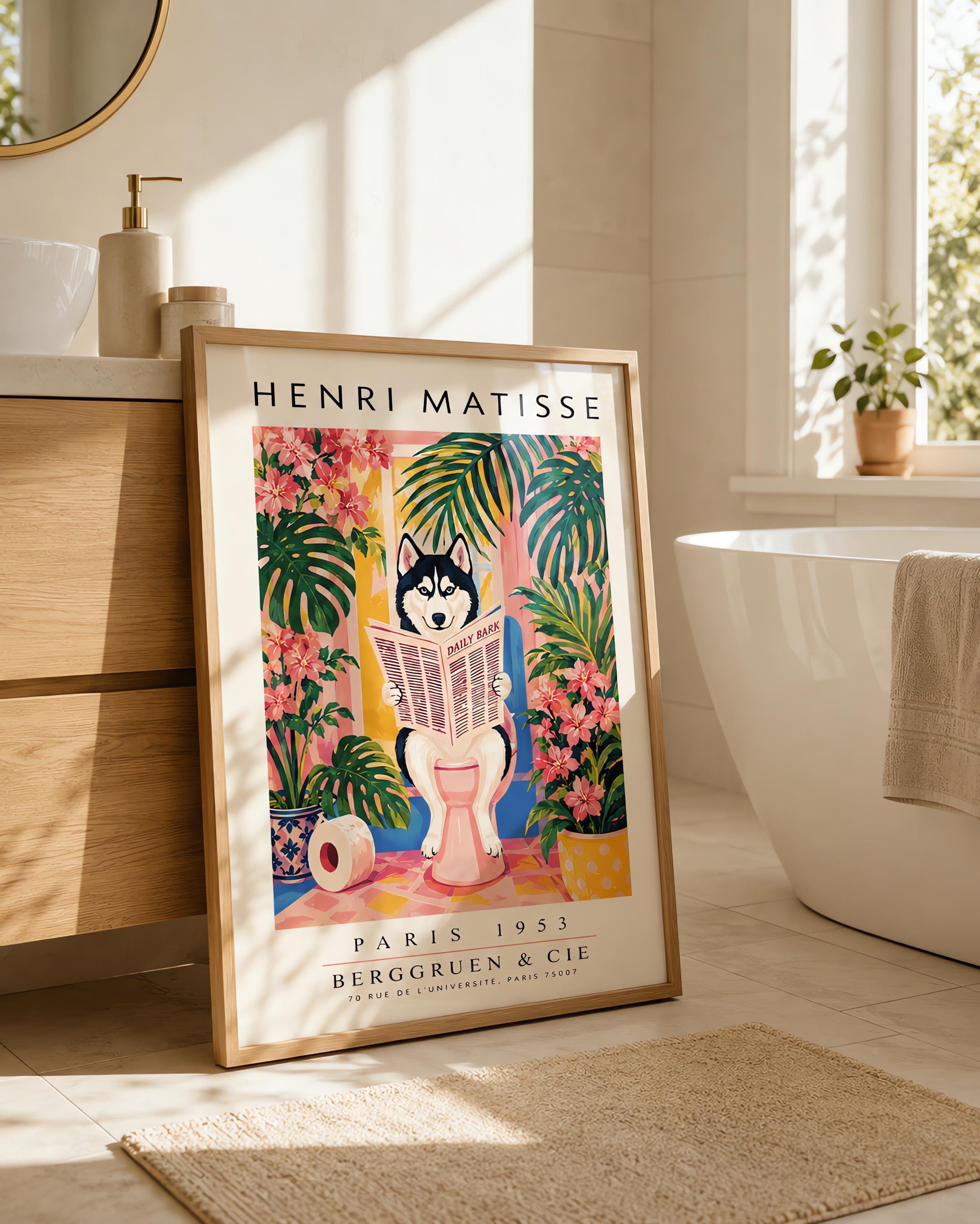 A vertical vintage-style art exhibition poster titled "HENRI MATISSE" at the top and "PARIS 1953 BERGGRUEN & CIE" at the bottom,. The center illustration shows a black-and-white Siberian Husky with blue eyes sitting on a pink toilet in a bright pink and yellow bathroom, reading a newspaper titled "DAILY BARK". The scene is framed by large green tropical leaves, bright pink flowers, a blue-and-white patterned planter, and a roll of toilet paper on the floor.