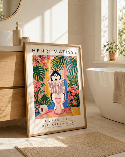 A vertical vintage-style art exhibition poster titled "HENRI MATISSE" at the top and "PARIS 1953 BERGGRUEN & CIE" at the bottom,. The center illustration shows a black-and-white Siberian Husky with blue eyes sitting on a pink toilet in a bright pink and yellow bathroom, reading a newspaper titled "DAILY BARK". The scene is framed by large green tropical leaves, bright pink flowers, a blue-and-white patterned planter, and a roll of toilet paper on the floor.