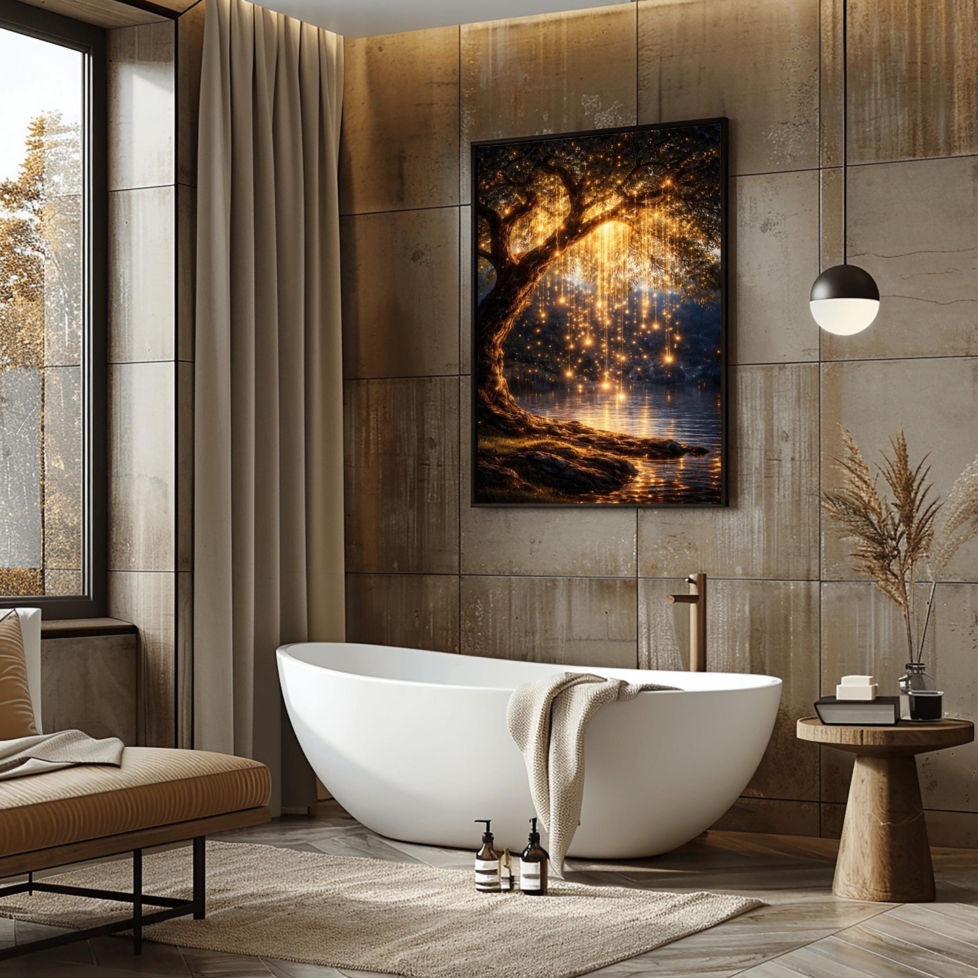 A vertical full-bleed illustration of a weeping willow tree at night in the style of Gustav Klimt. The branches hang down like strings of golden lights over a dark lake. The water reflects the golden glow, and the tree stands on a mossy bank against a dark forest background.