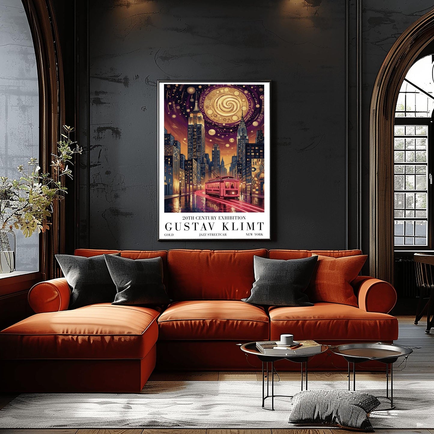 A vertical museum exhibition poster in the style of Gustav Klimt. A glowing red streetcar travels down a New York City street toward the Empire State Building and Chrysler Building at night. The sky is dark purple with a massive golden mosaic moon. Bold black text at the bottom reads "GUSTAV KLIMT" and "JAZZ STREETCAR."