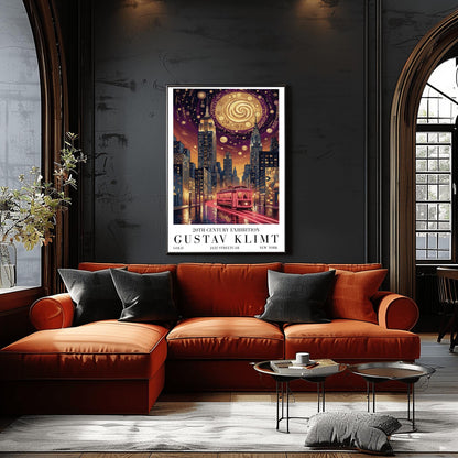 A vertical museum exhibition poster in the style of Gustav Klimt. A glowing red streetcar travels down a New York City street toward the Empire State Building and Chrysler Building at night. The sky is dark purple with a massive golden mosaic moon. Bold black text at the bottom reads "GUSTAV KLIMT" and "JAZZ STREETCAR."