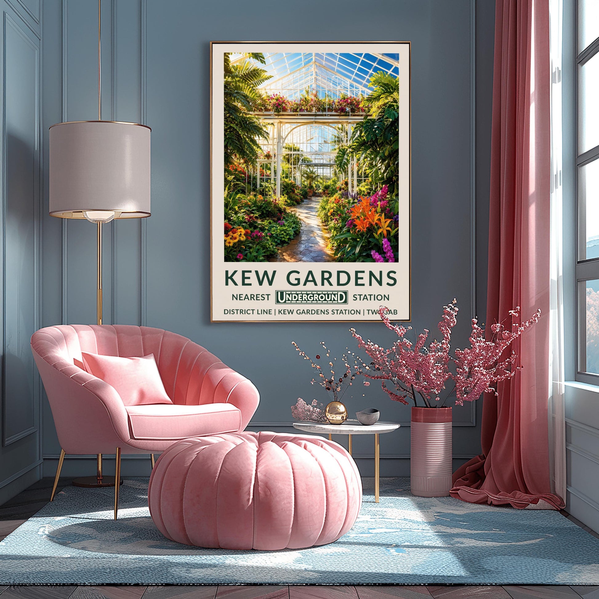 A vertical retro London Underground travel poster for Kew Gardens on a wide cream border. The top image shows a sun-drenched illustration inside a massive Victorian glasshouse conservatory. On the left, an elegant, ornate white wrought-iron spiral staircase winds upward. A pathway curves through a dense jungle of towering green fan palms, highlighted by bright pink and purple orchids and orange flowers.