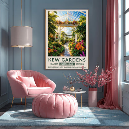 A vertical retro London Underground travel poster for Kew Gardens on a wide cream border. The top image shows a sun-drenched illustration inside a massive Victorian glasshouse conservatory. On the left, an elegant, ornate white wrought-iron spiral staircase winds upward. A pathway curves through a dense jungle of towering green fan palms, highlighted by bright pink and purple orchids and orange flowers.