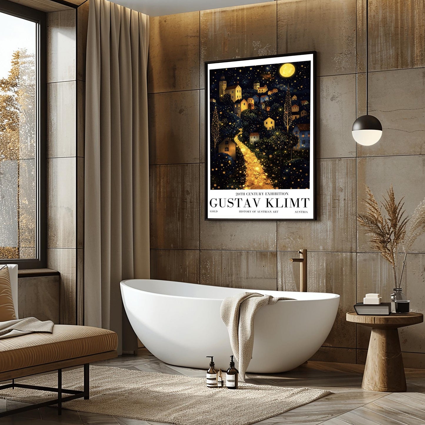 A vertical fine art landscape in the style of Gustav Klimt. A brilliant, glowing golden path winds up a dark hillside toward a village with lit windows. The deep blue night sky is filled with many stars and a large, textured golden moon. The trees are decorated with small, shimmering golden dots.