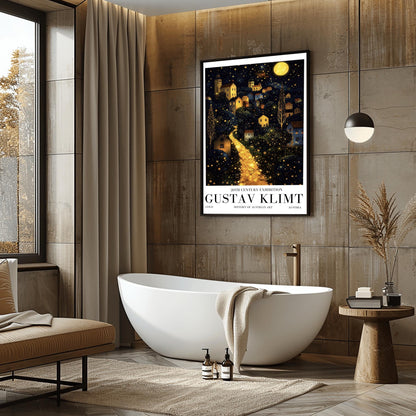 A vertical fine art landscape in the style of Gustav Klimt. A brilliant, glowing golden path winds up a dark hillside toward a village with lit windows. The deep blue night sky is filled with many stars and a large, textured golden moon. The trees are decorated with small, shimmering golden dots.