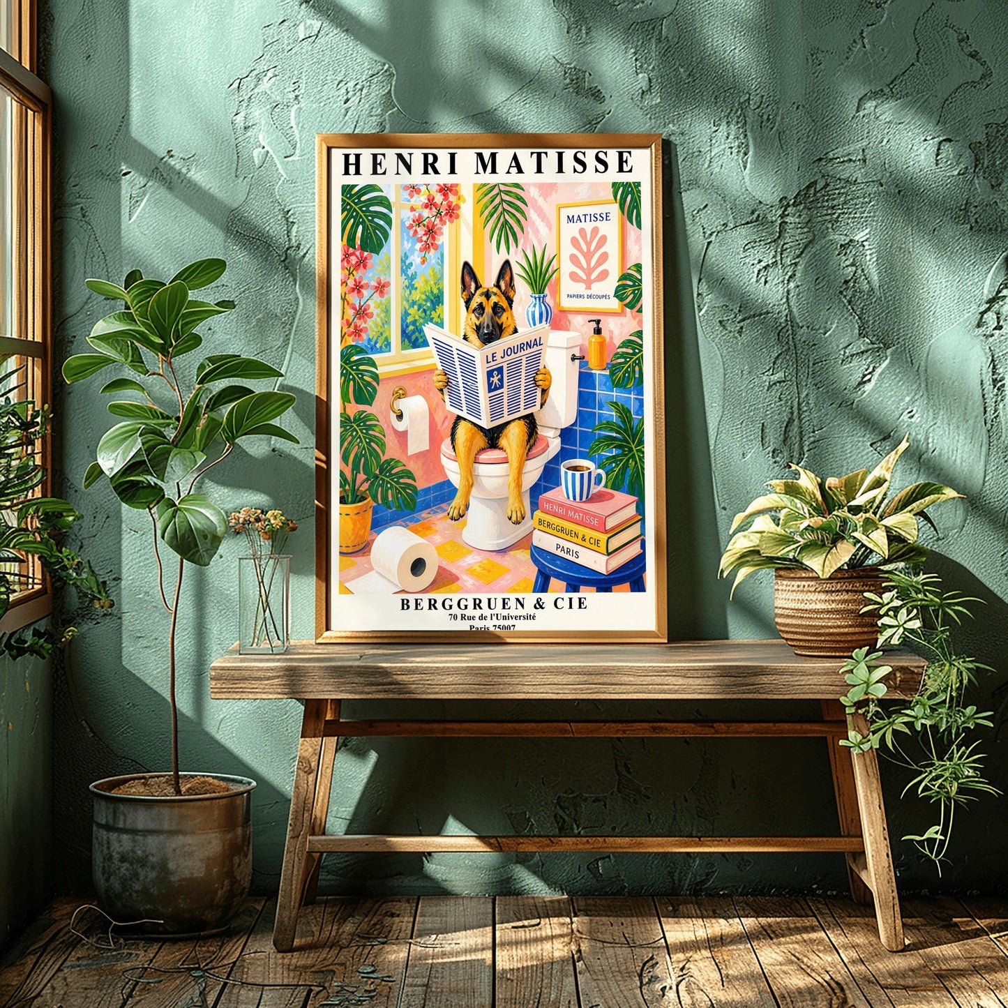 A vertical maximalist art print designed as a Henri Matisse exhibition poster. A tan and black German Shepherd is sitting upright on a white toilet, holding and reading a newspaper titled "Le Journal." The bathroom is vibrantly colored with pink walls, blue wall tiles, and a pink and yellow checkered floor. The room is filled with large green tropical plants and red flowers. A stack of art books and a striped mug sit on a blue stool.