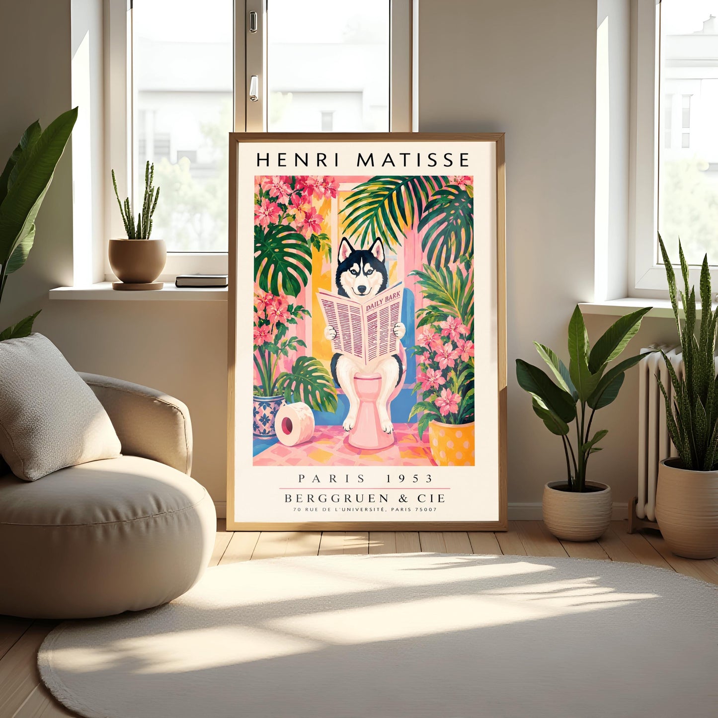 A vertical vintage-style art exhibition poster titled "HENRI MATISSE" at the top and "PARIS 1953 BERGGRUEN & CIE" at the bottom,. The center illustration shows a black-and-white Siberian Husky with blue eyes sitting on a pink toilet in a bright pink and yellow bathroom, reading a newspaper titled "DAILY BARK". The scene is framed by large green tropical leaves, bright pink flowers, a blue-and-white patterned planter, and a roll of toilet paper on the floor.