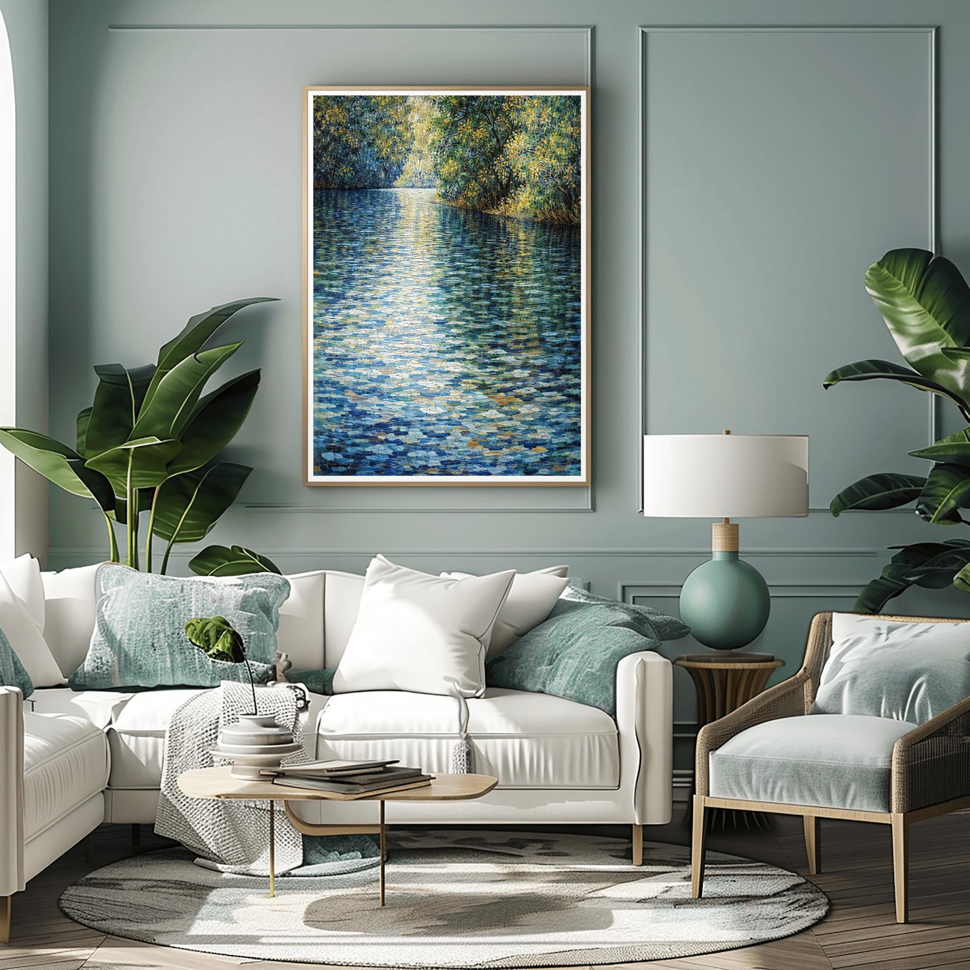 A horizontal landscape art print in the style of Gustav Klimt. A wide river fills the foreground and center, rendered as a shimmering mosaic of deep blue, teal, and white tiles. Bright yellow sunlight reflects off the water at the top, creating a golden glow. The river is bordered on the right by a dense bank of trees with green and gold leaves, also shown in a mosaic or pointillist style.
