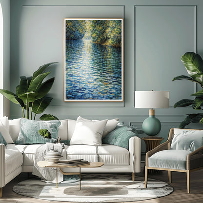 A horizontal landscape art print in the style of Gustav Klimt. A wide river fills the foreground and center, rendered as a shimmering mosaic of deep blue, teal, and white tiles. Bright yellow sunlight reflects off the water at the top, creating a golden glow. The river is bordered on the right by a dense bank of trees with green and gold leaves, also shown in a mosaic or pointillist style.