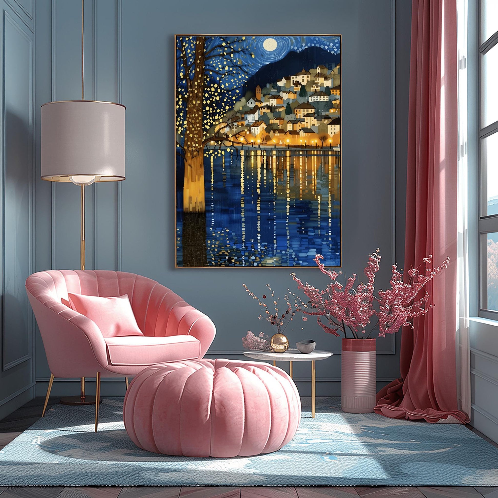 A vertical fine art painting in the style of Gustav Klimt. A coastal village with warm-lit houses is nestled on a hillside at night. A large, shimmering tree with gold-textured bark stands in the left foreground. Above, a full moon sits within a swirling blue sky of mosaic stars. The water in the foreground features long, vertical golden reflections of the village lights.