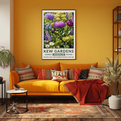 A vertical retro London Underground travel poster for Kew Gardens on a wide cream border. The top image shows a close-up, densely packed botanical illustration of a summer meadow featuring large purple asters, a magenta peony, clusters of tiny yellow dill flowers, blue forget-me-nots, and white daisies surrounded by green leaves. The bottom cream border features the text "KEW GARDENS" in dark green, followed by "NEAREST UNDERGROUND STATION" flanking an authentic boxed Underground logo