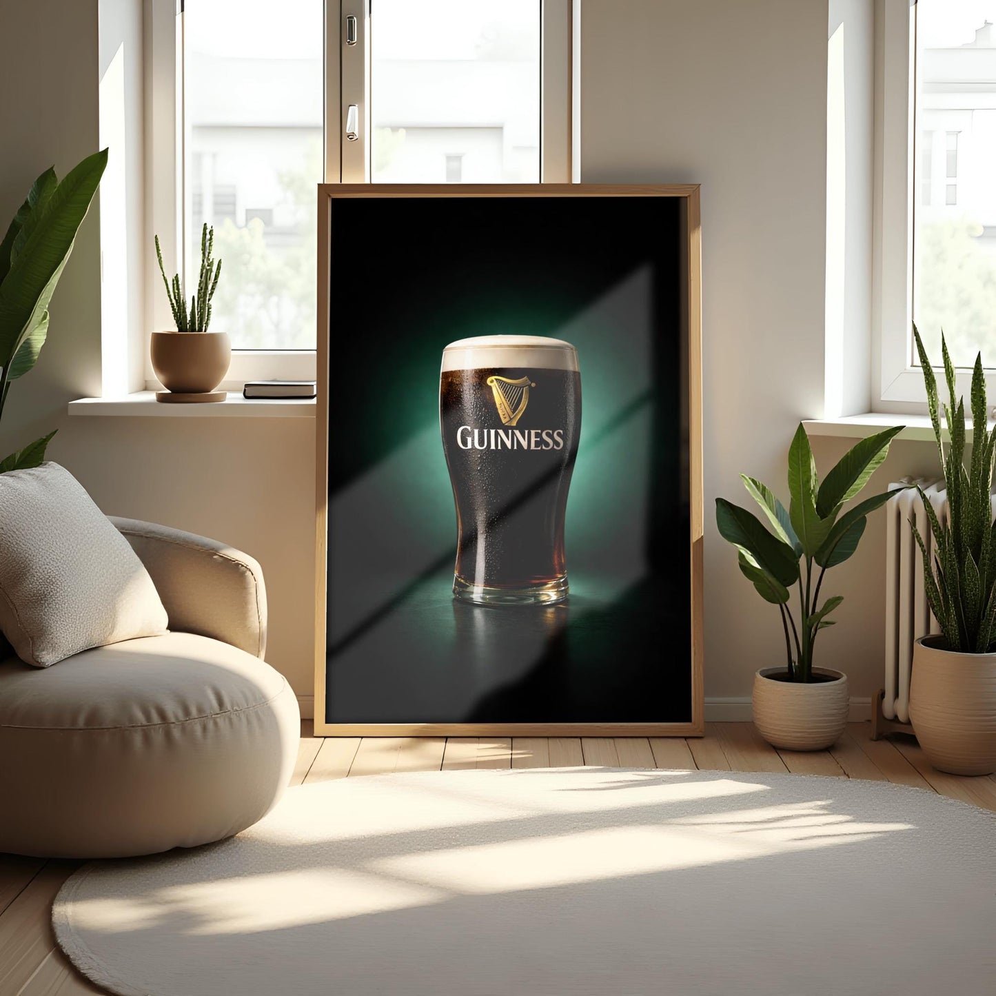 A vertical hyper-realistic photograph of a pint of Guinness centered against a dark background with a soft emerald green glow. The glass is covered in light condensation and features the gold Guinness logo. The foam is thick and white, and a slight ruby-red glow is visible at the bottom of the dark liquid.