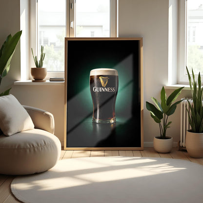 A vertical hyper-realistic photograph of a pint of Guinness centered against a dark background with a soft emerald green glow. The glass is covered in light condensation and features the gold Guinness logo. The foam is thick and white, and a slight ruby-red glow is visible at the bottom of the dark liquid.