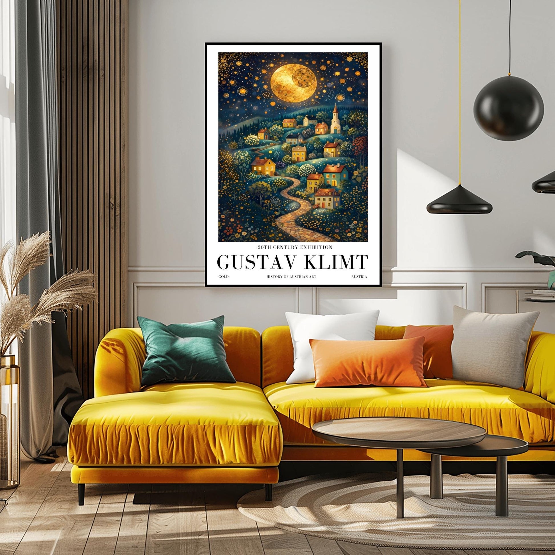 A vertical fine art exhibition poster in the style of Gustav Klimt. A winding cobblestone path leads up a hillside filled with small, colorful houses and a church under a massive golden mosaic moon. The sky is deep blue and filled with golden stars and spirals. Bold black text at the bottom reads "GUSTAV KLIMT" and "HISTORY OF AUSTRIAN ART."