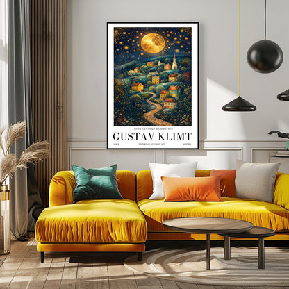 A vertical fine art exhibition poster in the style of Gustav Klimt. A winding cobblestone path leads up a hillside filled with small, colorful houses and a church under a massive golden mosaic moon. The sky is deep blue and filled with golden stars and spirals. Bold black text at the bottom reads "GUSTAV KLIMT" and "HISTORY OF AUSTRIAN ART."
