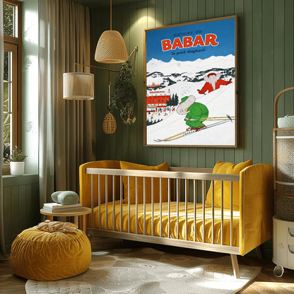 A vertical children's illustration poster titled "HISTOIRE DE BABAR le petit éléphant" in red. Two elephants are skiing down a snowy mountain slope. One is in a green suit in the foreground, and another is in a red suit behind him. In the background is a large red building labeled "GRAND HOTEL DU PAQUID" next to an outdoor ice rink with many small figures. Snow-capped mountains rise under a dark blue sky.