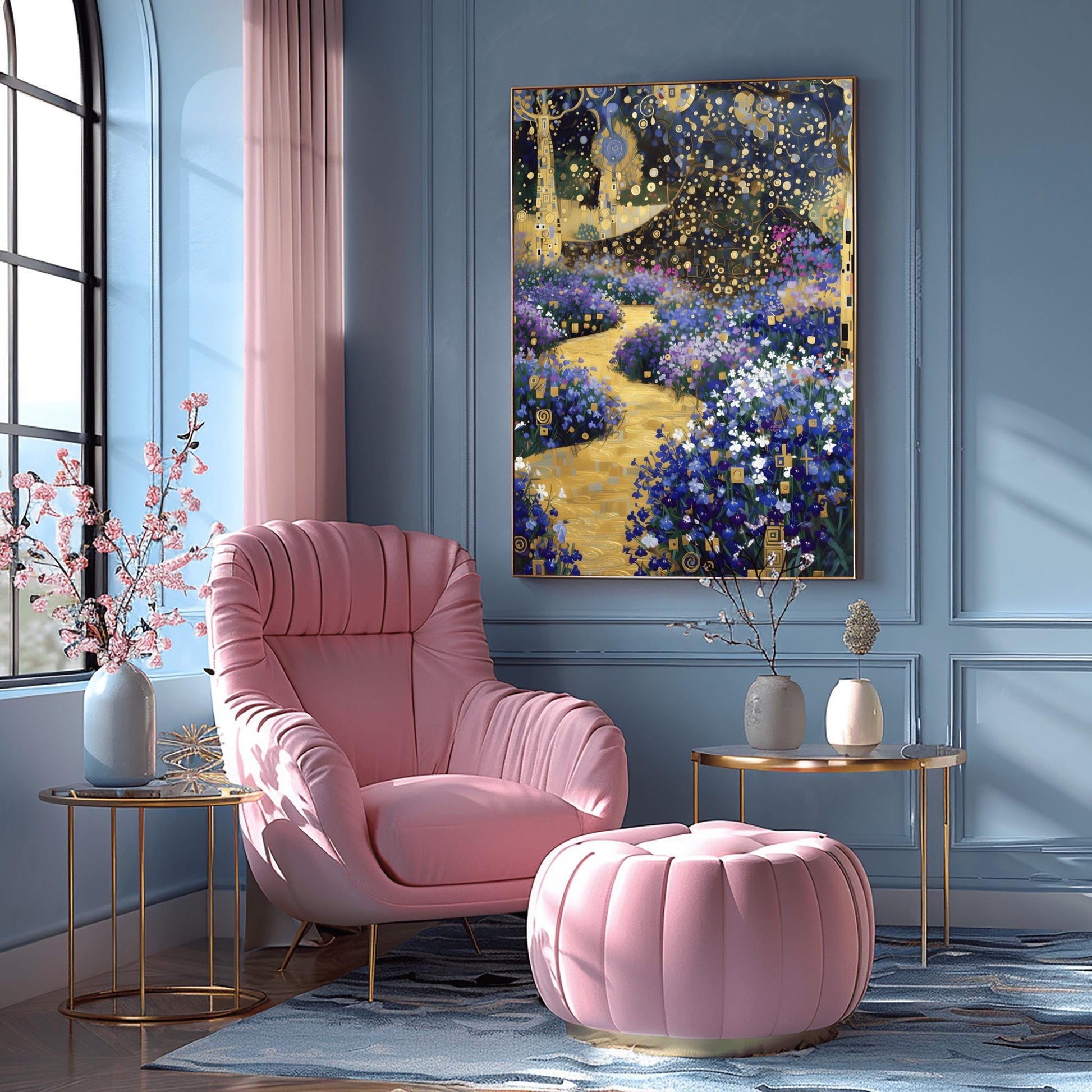 A vertical fine art print in the style of Gustav Klimt. A winding, textured golden path leads through a garden of blue and purple flowers. Stylized trees with golden mosaic patterns on their trunks stand on the sides under a dark blue sky filled with golden circles and star-like shapes.