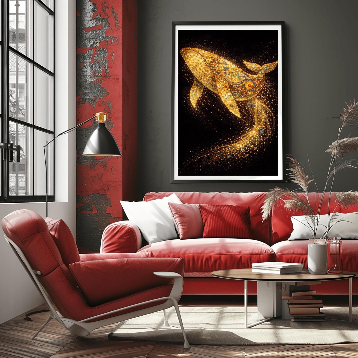 A vertical full-bleed illustration of a large whale in the style of Gustav Klimt. The whale is composed of gold mosaic patterns and spirals, swimming through a dark black ocean. Behind it, a long, curved trail of sparkling golden particles and embers flows through the water.