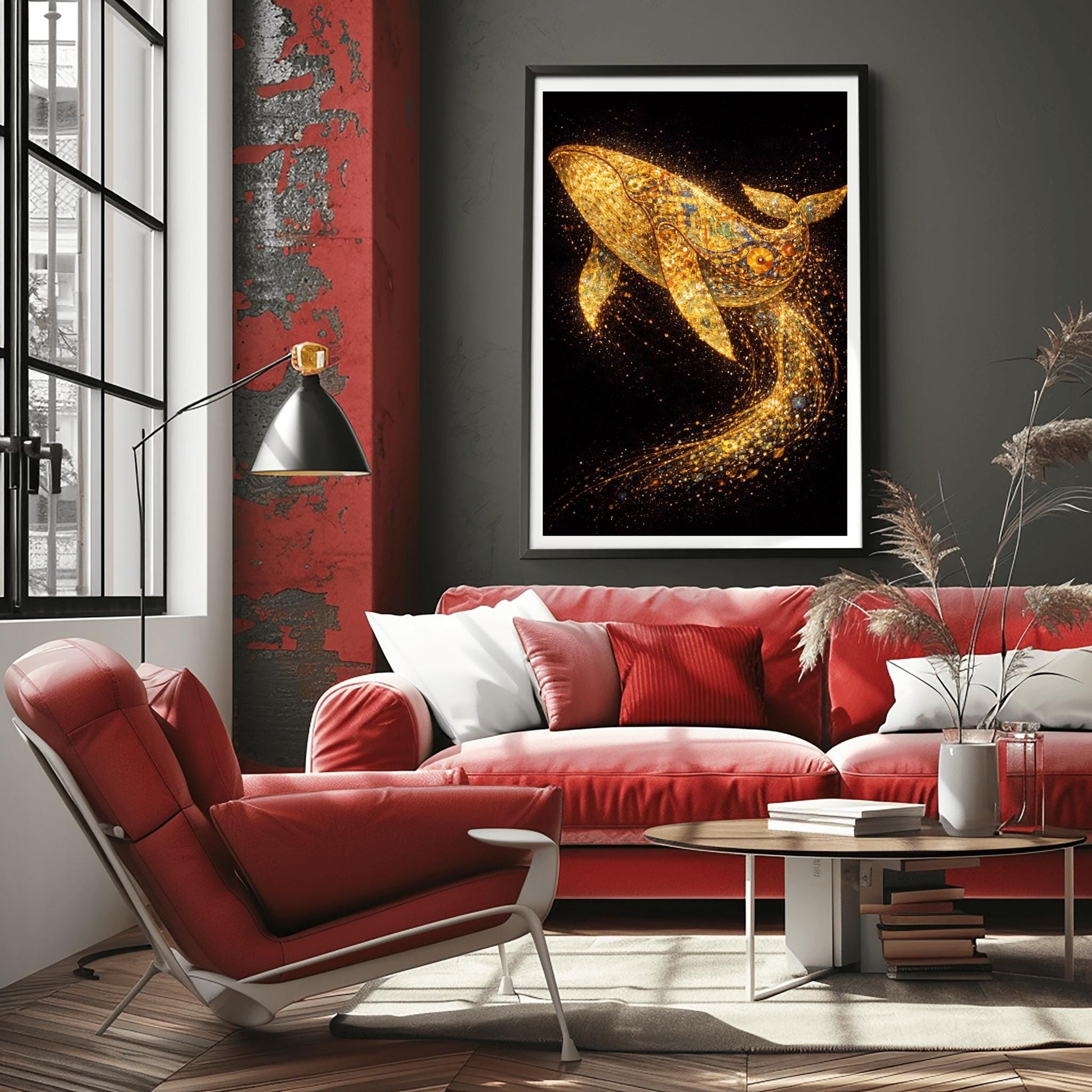 A vertical full-bleed illustration of a large whale in the style of Gustav Klimt. The whale is composed of gold mosaic patterns and spirals, swimming through a dark black ocean. Behind it, a long, curved trail of sparkling golden particles and embers flows through the water.