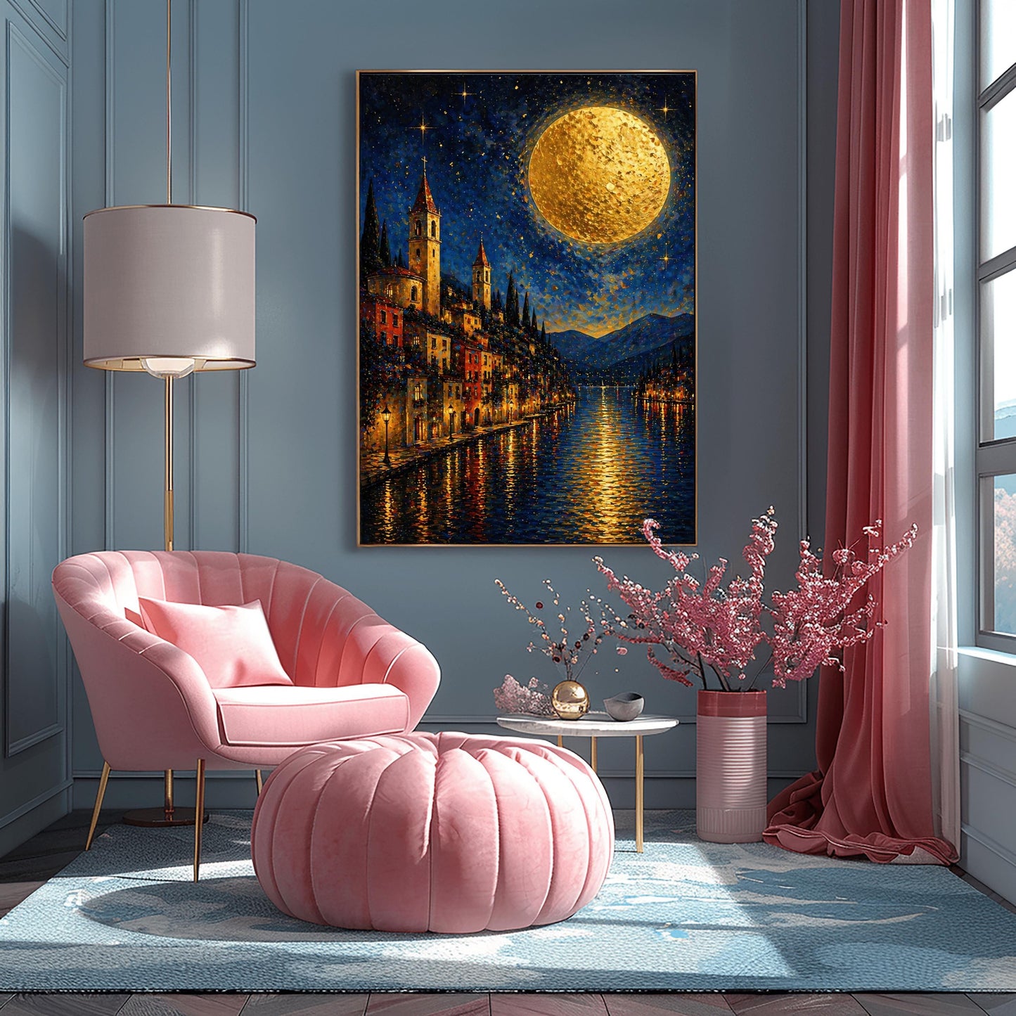 A vertical art print in a decorative mosaic style inspired by Gustav Klimt. A steep lakeside village with warm-lit windows and tall, pointed church spires rises from the edge of dark blue water. A massive, textured golden moon dominates the upper right of a starry night sky. The lights of the town and the moon reflect in long, vertical golden lines on the rippled water surface. Dark blue mountains are visible in the background.