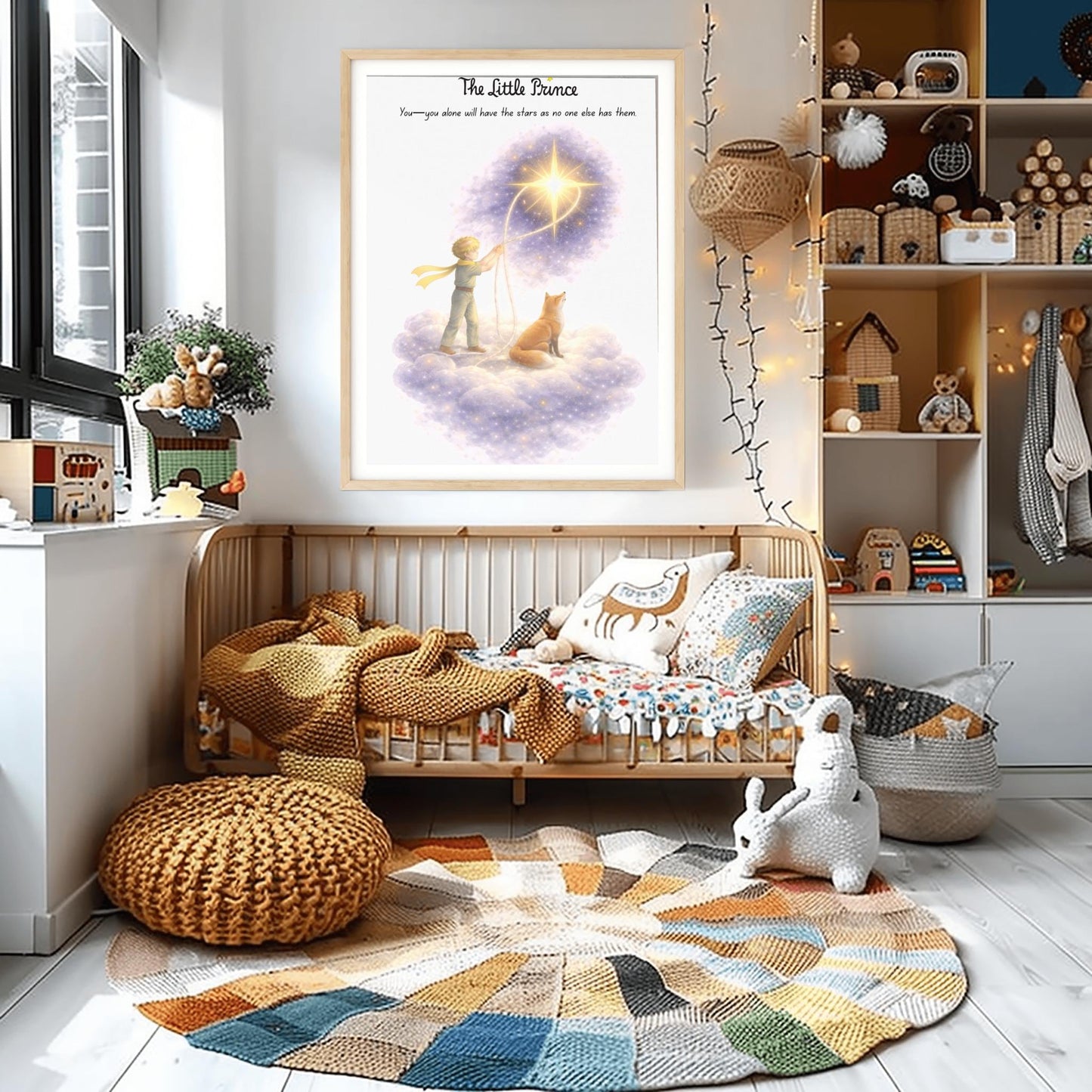 A vertical illustration poster titled "The Little Prince" in black script. A young boy with golden hair is standing on a soft, glowing lavender cloud next to a seated orange fox. The boy is holding a white rope that is looped around a large, bright yellow star. The star is surrounded by a sparkling purple nebula. Above the boy is the quote: "You—you alone will have the stars as no one else has them." The background is clean white.
