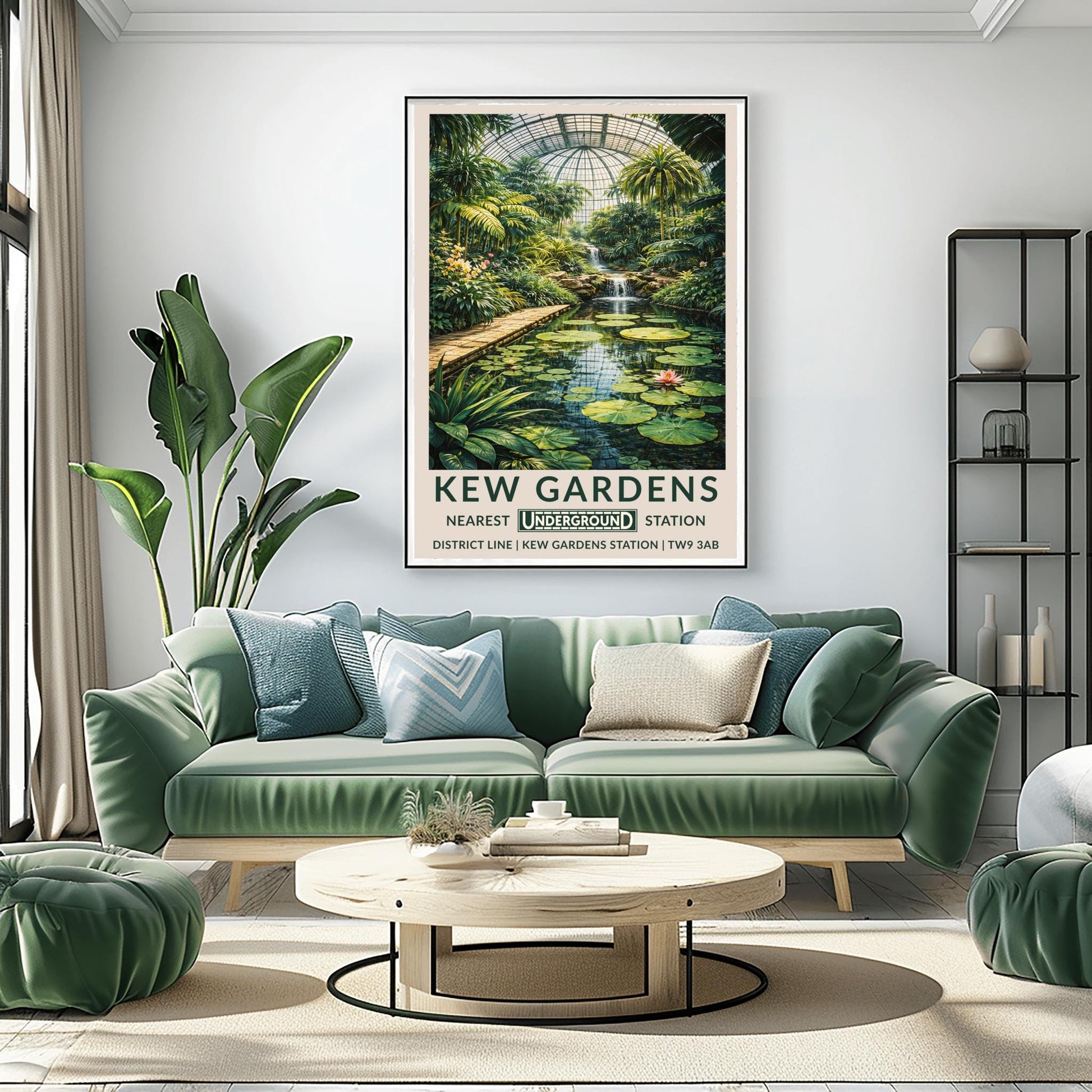 A vertical vintage-style travel poster for Kew Gardens. The artwork depicts the interior of a massive glass conservatory filled with dense tropical plants and tall palm trees. In the foreground, a calm pond features large green lily pads and pink flowers. A stone walkway runs alongside the pond leading toward a multi-tiered waterfall in the center. The scene is topped by a large, grid-patterned glass dome.