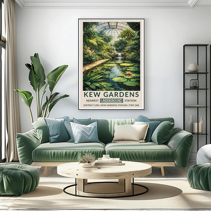 A vertical vintage-style travel poster for Kew Gardens. The artwork depicts the interior of a massive glass conservatory filled with dense tropical plants and tall palm trees. In the foreground, a calm pond features large green lily pads and pink flowers. A stone walkway runs alongside the pond leading toward a multi-tiered waterfall in the center. The scene is topped by a large, grid-patterned glass dome.