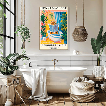 Bathroom with a bathtub, plants, and a Henri Matisse funny cat poster on the wall.