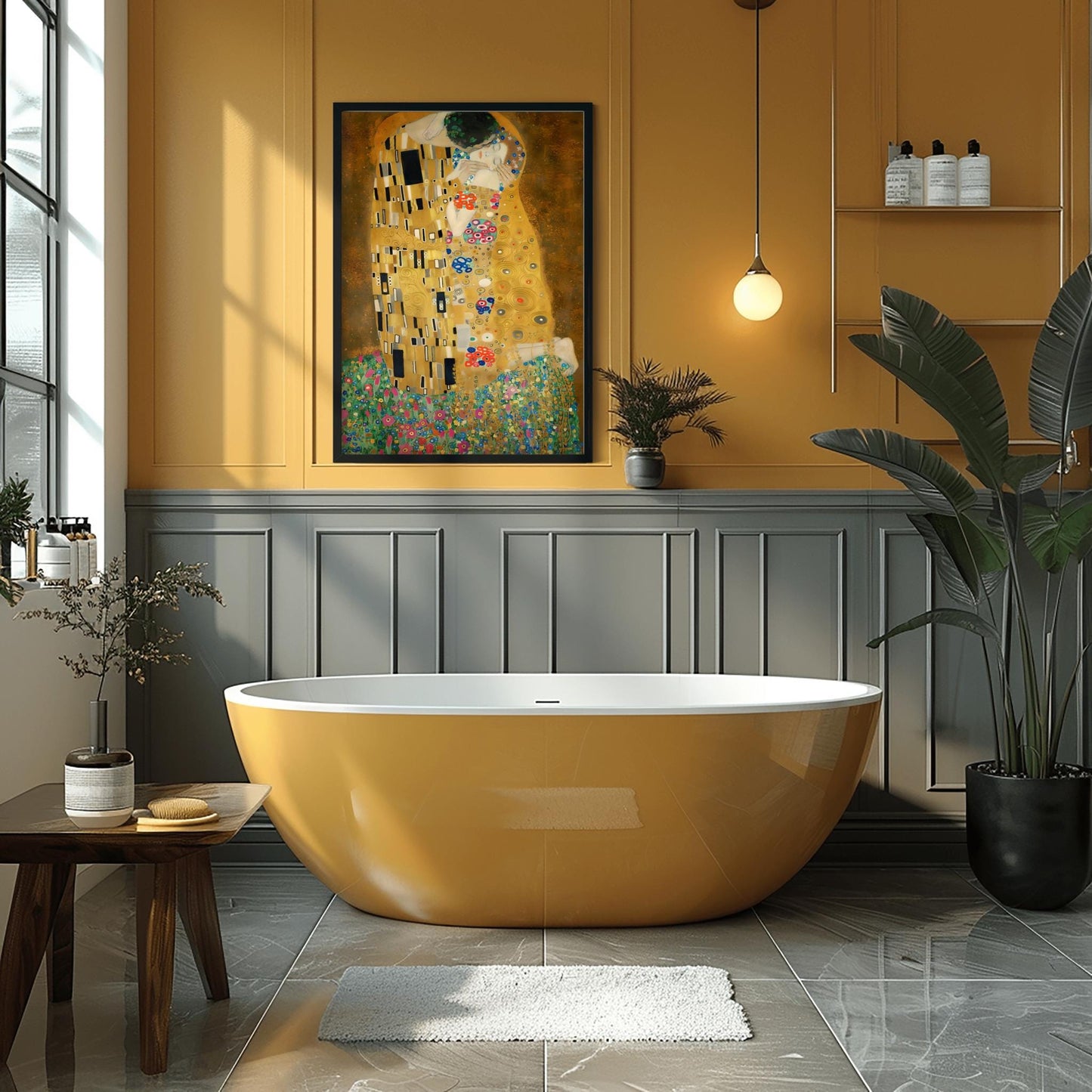 A vertical fine art print of "The Kiss" by Gustav Klimt. Two lovers are shown in an intimate embrace, their bodies covered in elaborate, decorative gold robes. The man's robe features black and white geometric shapes, while the woman's features colorful floral circles. They kneel on a lush bed of colorful wildflowers against a dark, shimmering gold background. The style is rich in mosaic-like patterns and Art Nouveau ornamentation.