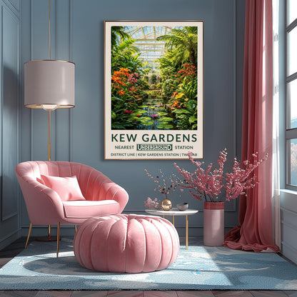 A vertical retro London Underground travel poster for Kew Gardens on a wide cream border. The top image shows a beautiful, detailed illustration of the inside of a large white Victorian glass conservatory. Sunlight shines through the glass roof onto a central water lily pond filled with blooming pink and purple flowers and lily pads. The water is surrounded by lush green palm trees, ferns, orange lilies, and a white metal gazebo in the background.