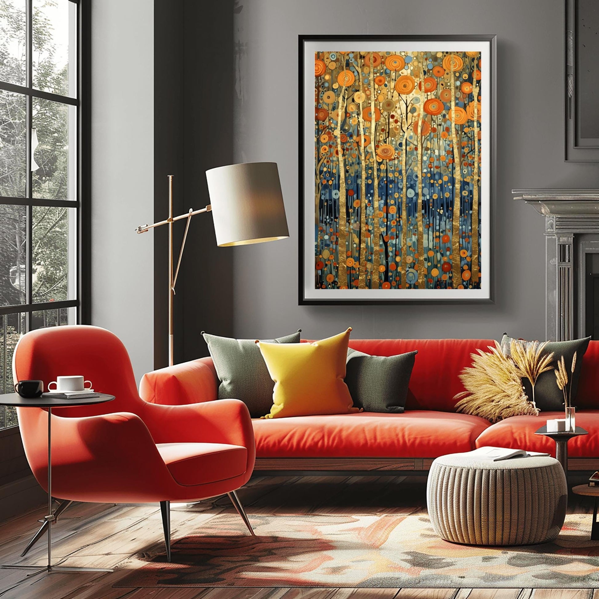 A vertical fine art print in the style of Gustav Klimt. Several slender tree trunks made of solid gold leaf stand vertically against a background of floating, concentric circular patterns in orange, gold, and blue. The bottom of the forest is a deep indigo blue filled with small mosaic dots.