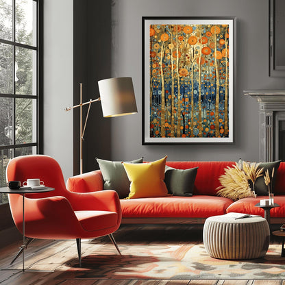 A vertical fine art print in the style of Gustav Klimt. Several slender tree trunks made of solid gold leaf stand vertically against a background of floating, concentric circular patterns in orange, gold, and blue. The bottom of the forest is a deep indigo blue filled with small mosaic dots.