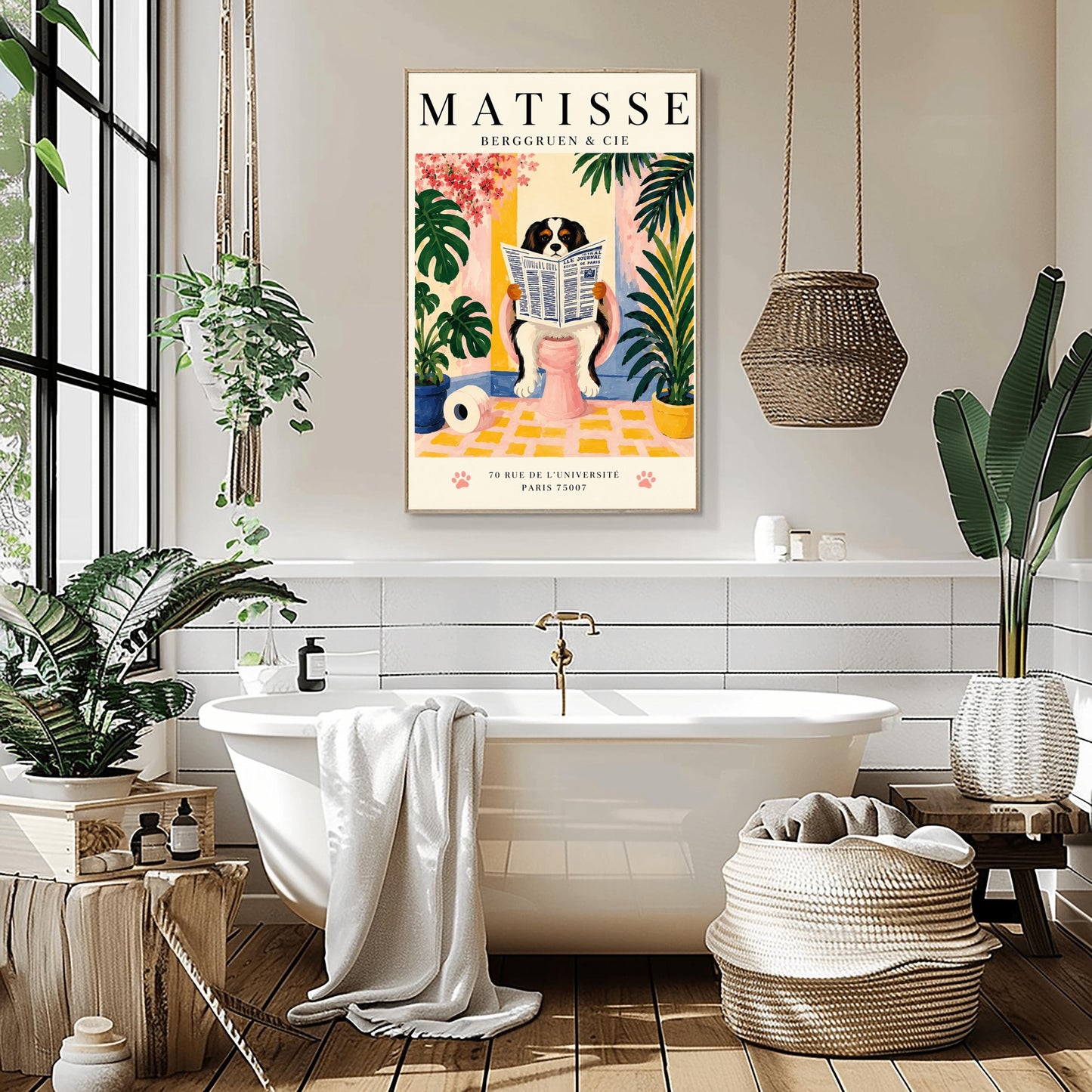 A vertical vintage-style exhibition poster on a cream background titled "MATISSE BERGGRUEN & CIE" in bold black font. The main gouache-style illustration depicts a tricolor black, white, and tan Cavalier King Charles Spaniel sitting on a pink toilet. The dog is holding and reading a blue-and-white French newspaper titled "LE JOURNAL". The bathroom scene includes a roll of toilet paper on a yellow checkered floor, potted monstera and palm plants