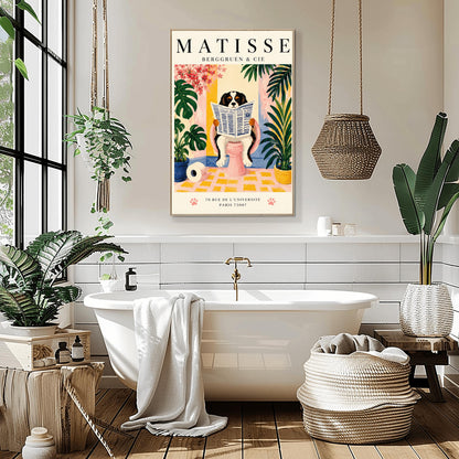 A vertical vintage-style exhibition poster on a cream background titled "MATISSE BERGGRUEN & CIE" in bold black font. The main gouache-style illustration depicts a tricolor black, white, and tan Cavalier King Charles Spaniel sitting on a pink toilet. The dog is holding and reading a blue-and-white French newspaper titled "LE JOURNAL". The bathroom scene includes a roll of toilet paper on a yellow checkered floor, potted monstera and palm plants