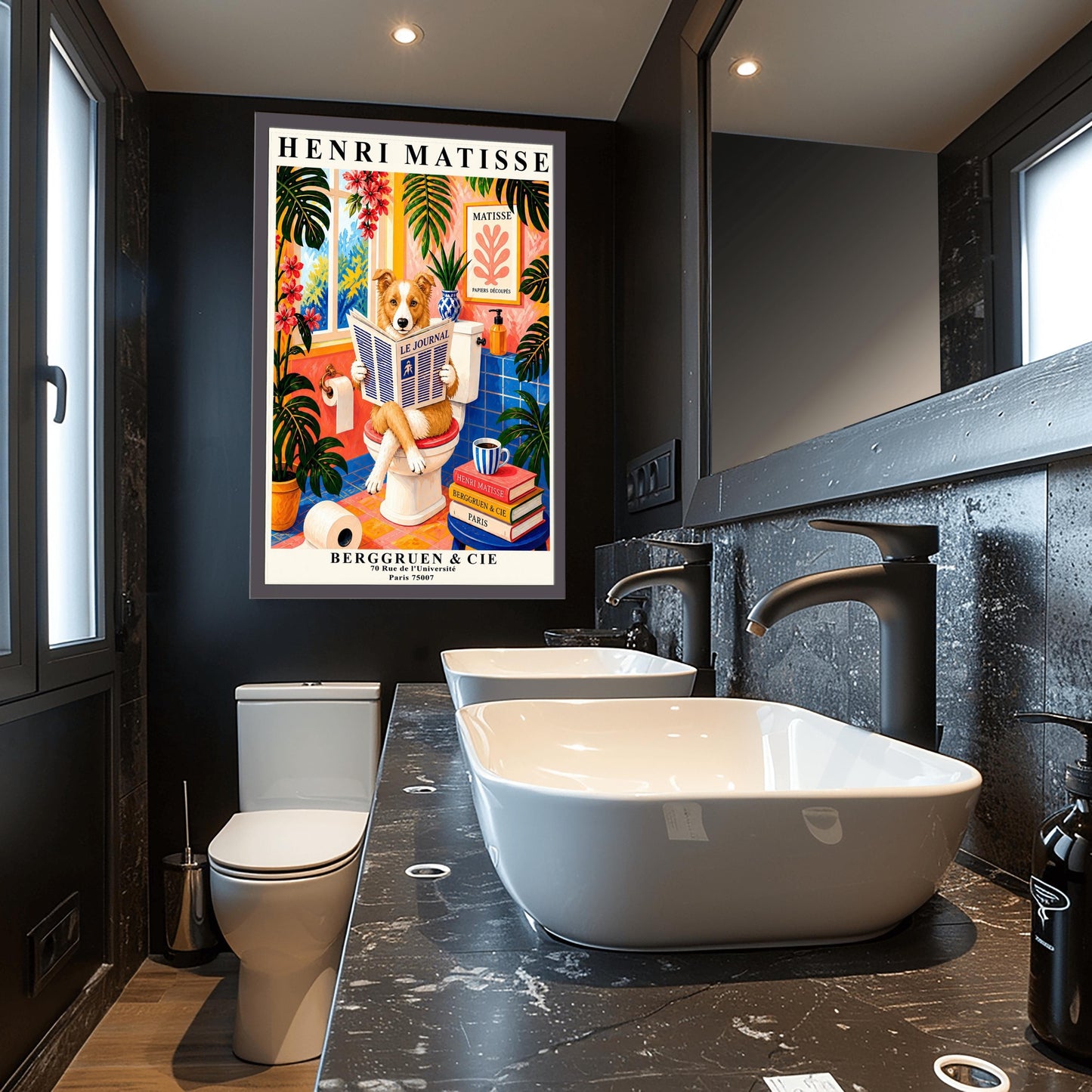 A vertical retro French exhibition poster styled after Henri Matisse with a wide ivory border. The central image shows a vibrant, colorful bathroom illustration. A fluffy ginger-and-white border collie dog sits on a white toilet, holding and reading a newspaper titled "LE JOURNAL". The bathroom features cobalt blue floor and wall tiles, bright pink walls, and large green monstera plants.