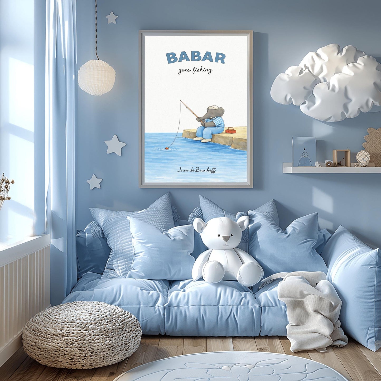 A vertical art print titled "BABAR goes fishing" in large blue letters. A grey elephant sits on a tan rocky pier overlooking blue water. He is wearing a blue and white checkered shirt, light blue overalls, and a white cap. He holds a thin fishing rod, and his line is in the water with a small red bobber. A red tackle box sits on the dock behind him. The name "Jean de Brunhoff" is at the bottom.